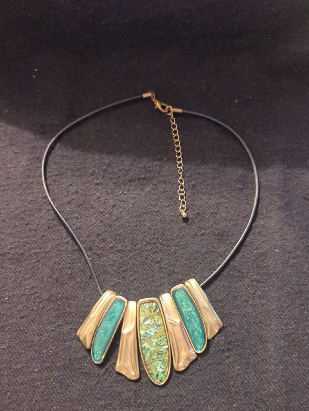 Gold Tone Paua Shell Green Enamel Bib Style Statement Necklace